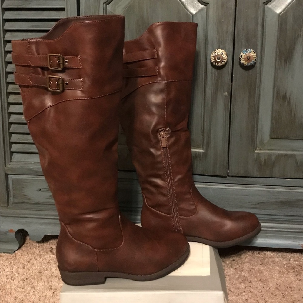 At the knee brown wide calf boot